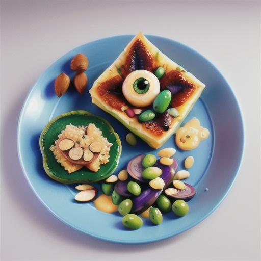 Almond-crusted blue-eye trevalla on eggplant puree with broad bean salad