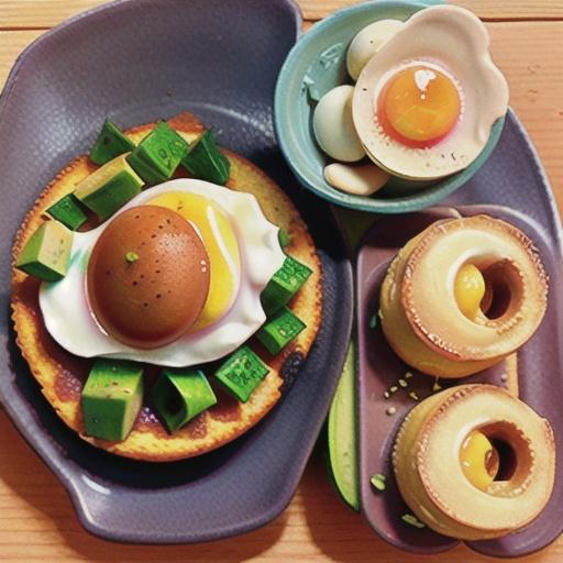 Cornbread with poached eggs and avocado