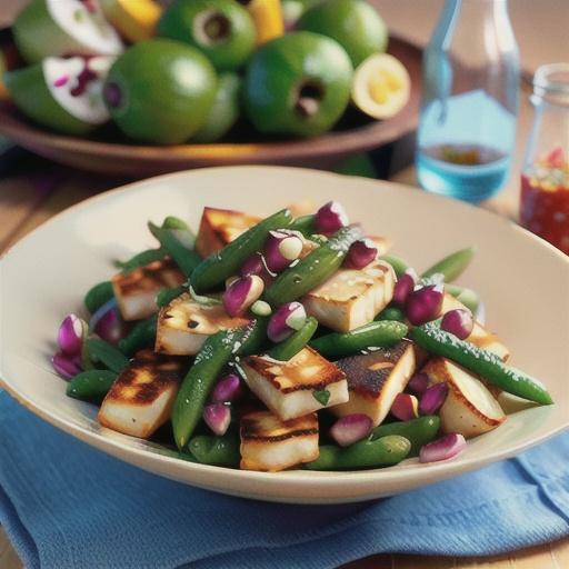 Halloumi Three-Bean Salad with Pomegranate-Harissa Vinaigrette