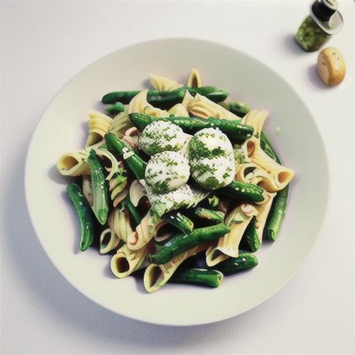Wholemeal pasta spirals with rocket pesto, green beans and potatoes
