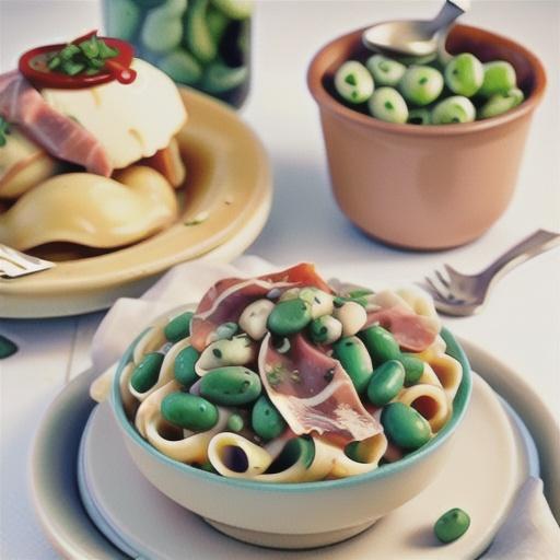 Creamy fettuccine with prosciutto, broad beans and mushrooms
