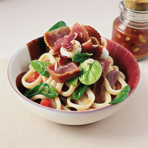 Pancetta, basil and tomato with spinach and ricotta pasta