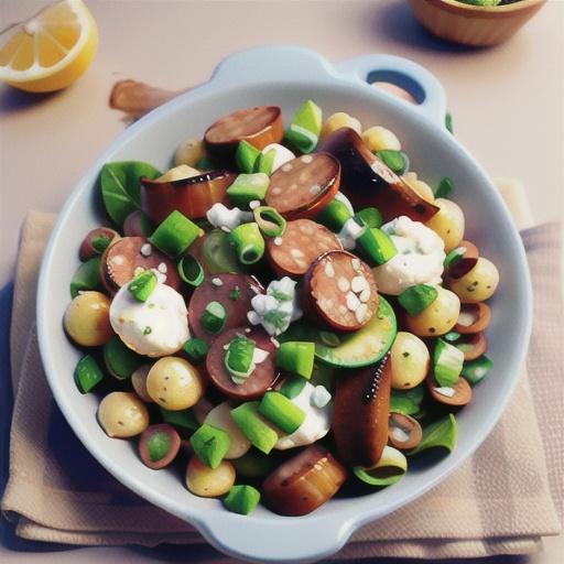 Warm sausage and lentil salad with goats cheese