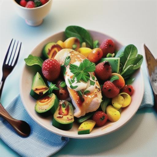 Poached chicken with rocket, raspberry vinaigrette and avocado