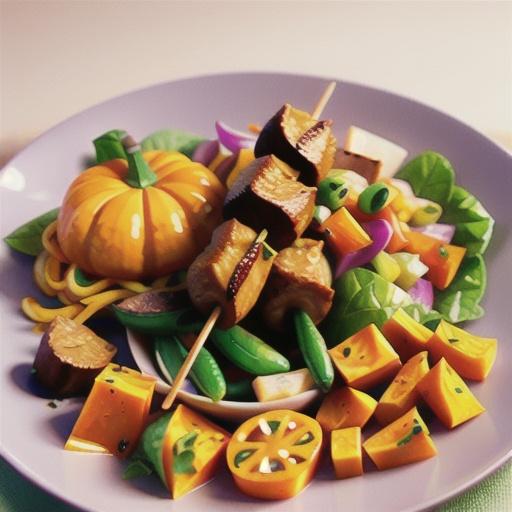 Curried beef kebabs with pumpkin and snake bean salad