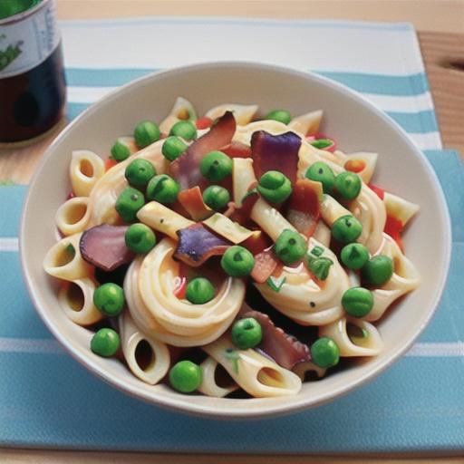 Bowtie pasta with bacon, peas and feta