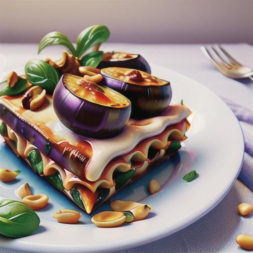 Free-form eggplant lasagne with pine nut dressing