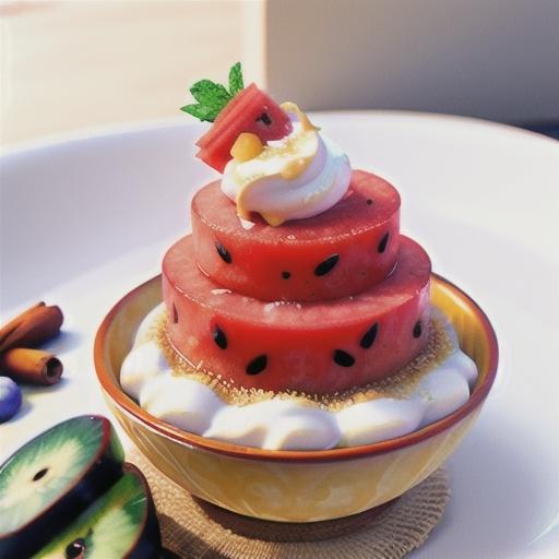 Watermelon in honey syrup with cinnamon yoghurt