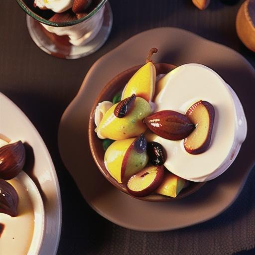 Creme fraiche panna cotta with cinnamon-poached pears and praline