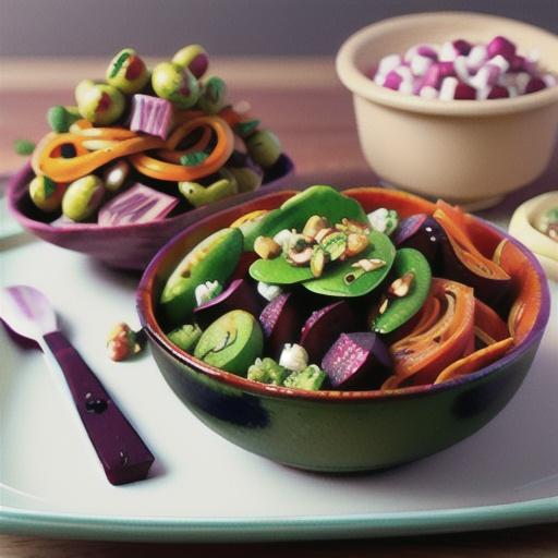 Roasted Sweet Potato and Beet Noodle Salad with Goat Cheese Medallions and Pistachio Vinaigrette