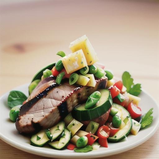 Pork steak with pineapple salsa & snow pea salad