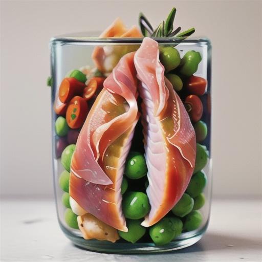 Prosciutto-wrapped fish with smashed peas