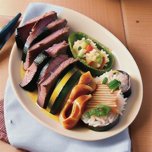 Miso steaks with warm mirin slaw and sushi rice