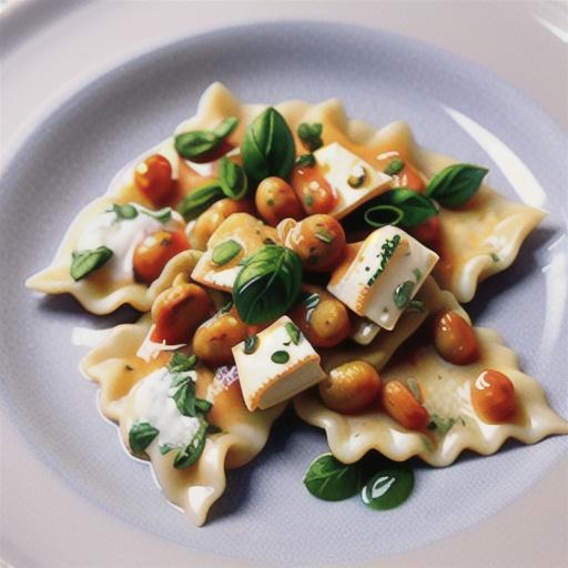 Goats' cheese ravioli with puttanesca sauce