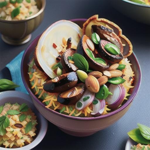 Beef biryani with caramelised onions and almonds