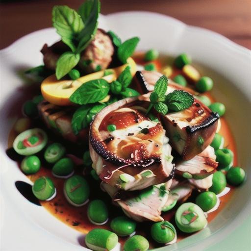 Pan-seared lamb chops with peas and mint-basil pistou