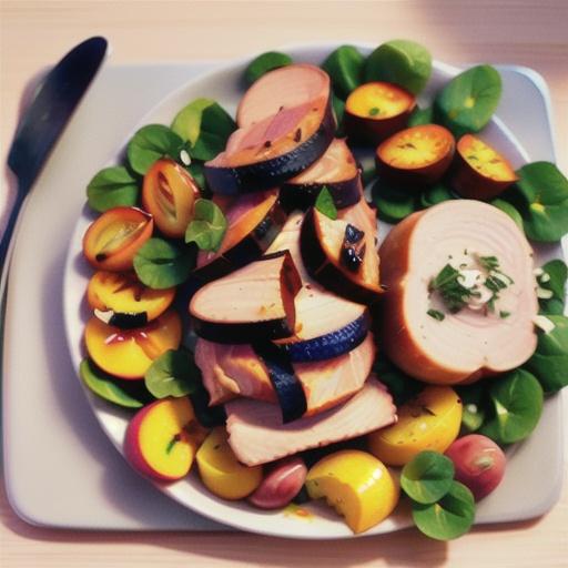 Rolled pork loin with peach and watercress salad recipe