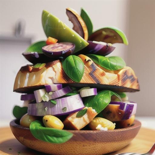 Greek salad with smoked chicken and eggplant