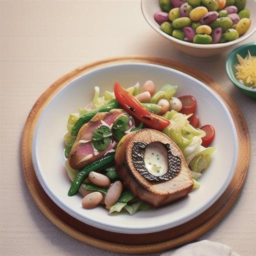 Pork steaks with warm cabbage and bean salad