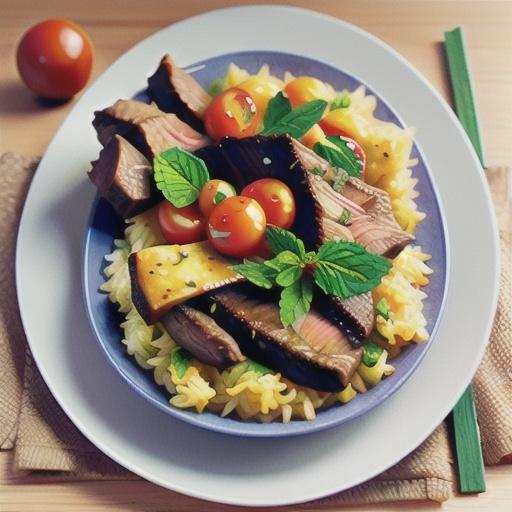 Garam masala beef with saffron, mint and tomato rice