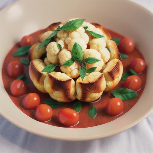 Whole baked cauliflower with tomato and olive sauce