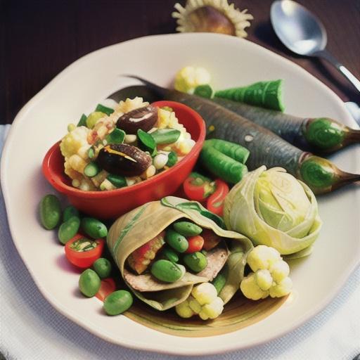 Sardine and herb cabbage parcels with cauliflower mash and beans