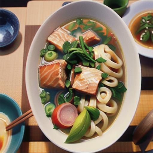 Miso broth with sesame salmon & udon noodles