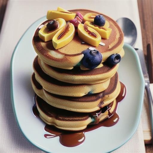 Coffee pancakes with breakfast fruits