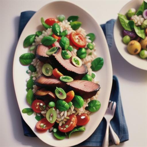 Barbecued lamb with warm barley and kale salad