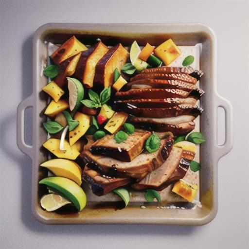 Sticky mango pork and roast vegie tray bake recipe