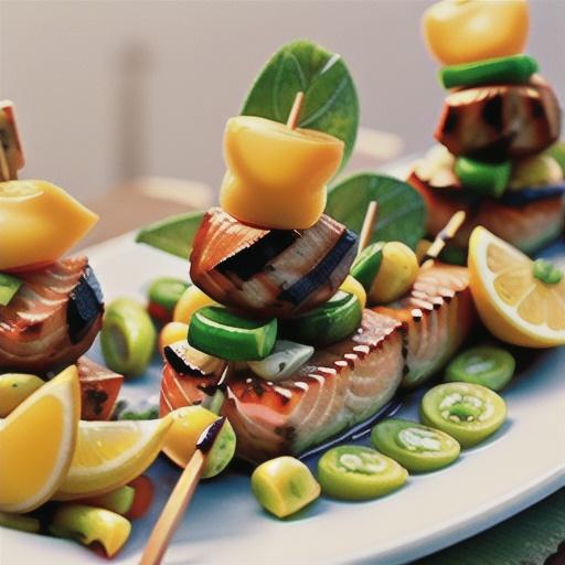 Salmon brochettes with lemon-caper sauce
