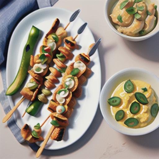 Fish tikka skewers with chapati and pickled cucumber