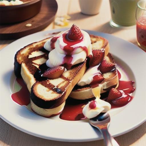 French toast with ricotta cream and strawberry syrup