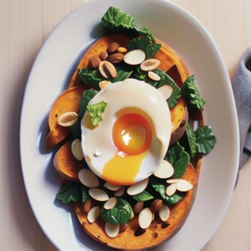 Roasted sweet potato, wilted garlic kale, poached egg and almonds