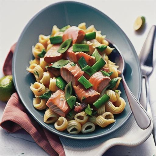 Macaroni with salmon, tomato and capsicum