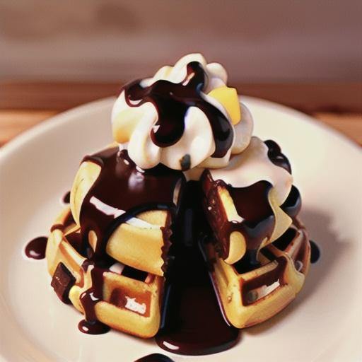 Chocolate waffles with choc-chip cream and chocolate sauce