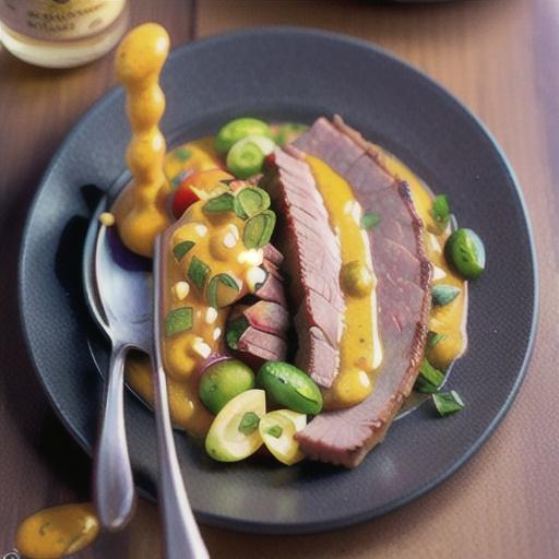 Corned beef with vegetables and mustard sauce