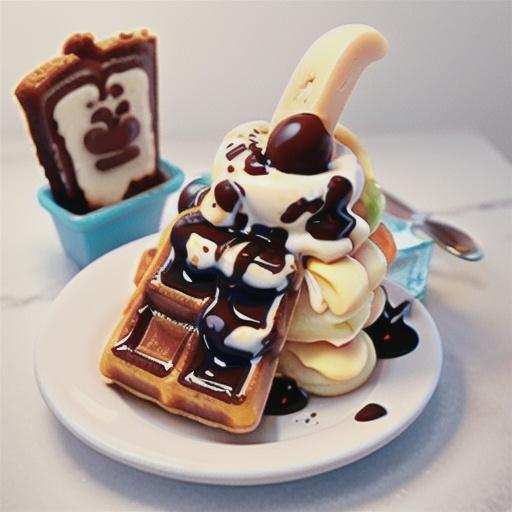 Waffles with ice-cream & white chocolate sauce