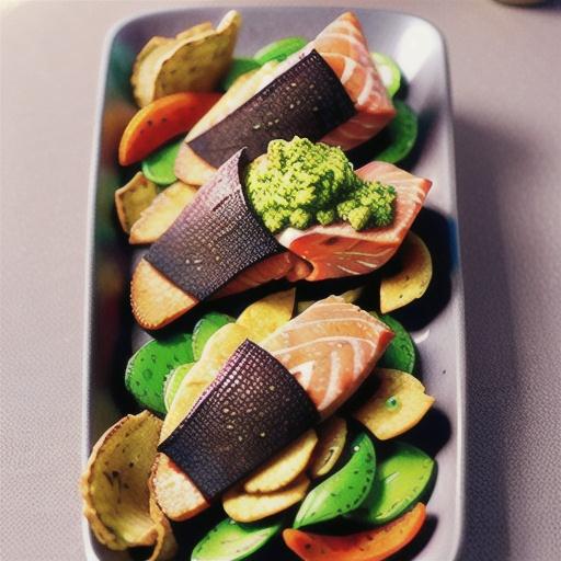 Salmon with vegie chips and basil pesto