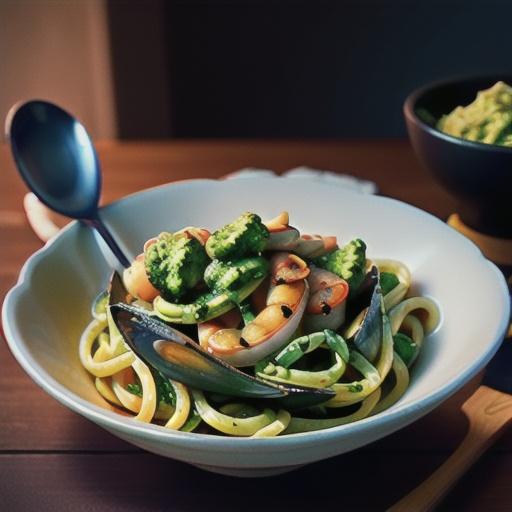 Spaghetti with pesto & seafood