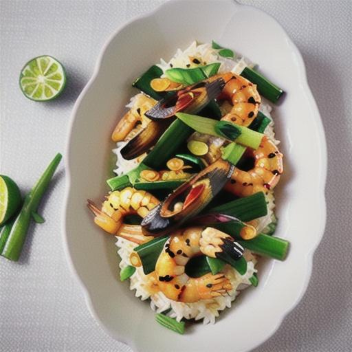 Garlic lime marinated prawns with green rice