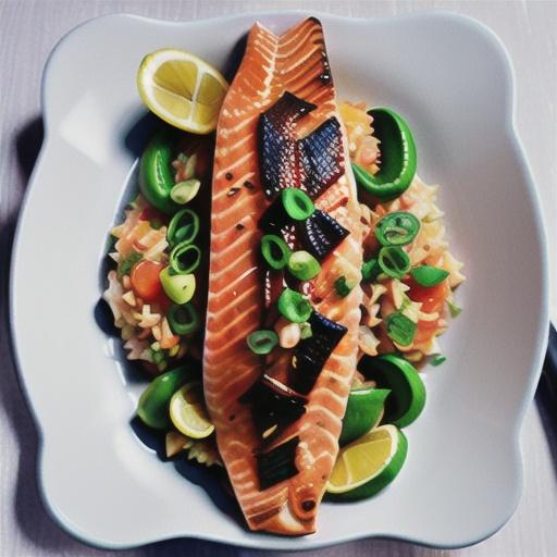 Soy-marinated salmon with fried rice