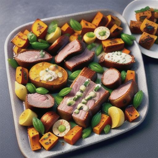Maple-glazed lamb and sweet potato tray bake