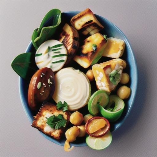 Lentil and chickpea bowl with haloumi