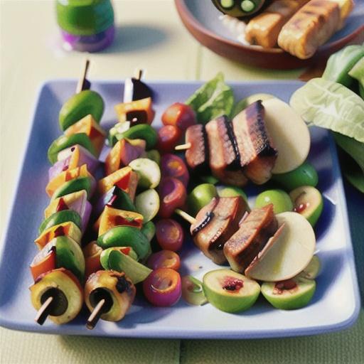 Sweet barbecued chicken kebabs with spring salad