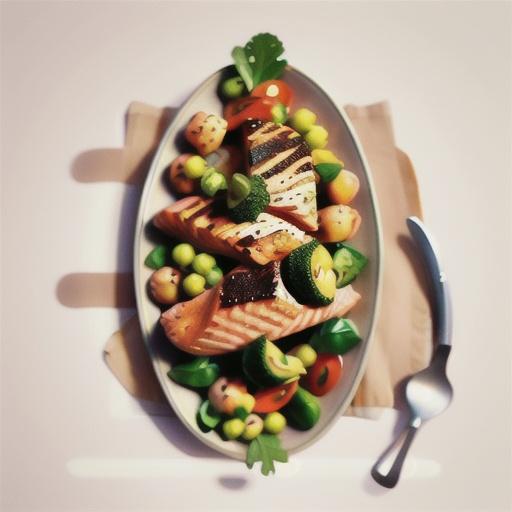 Spiced salmon with chickpea, broccoli and rocket salad and yoghurt dressing