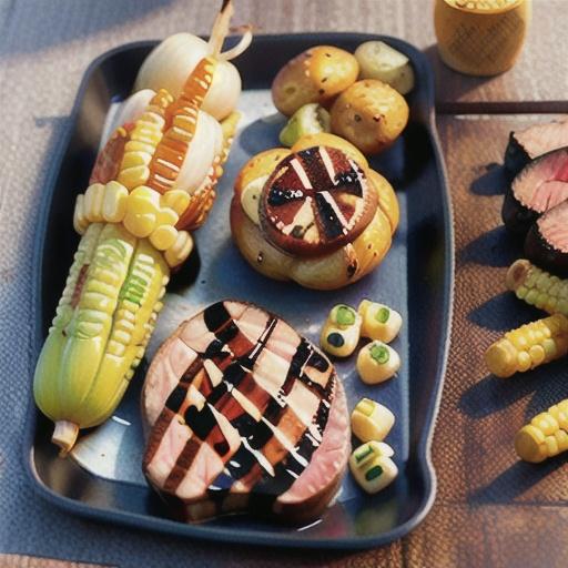 Barbecued steak and onion with jacket potatoes