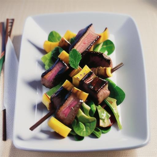 Honey-soy beef skewers with stir-fried Asian greens