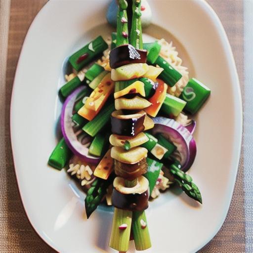 Wasabi soy beef kebabs with pickled ginger and asparagus salad