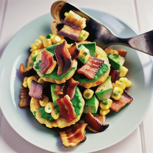 Corn fritters with avocado salsa and bacon